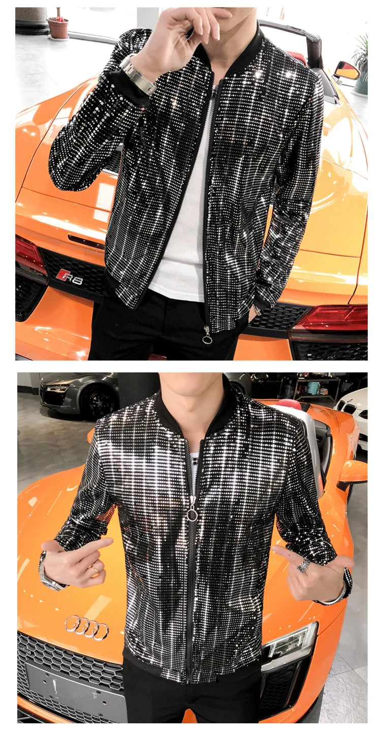 Y2K Men's Streetwear Night Club Stage Thin Motorcycle Jackets Fashion Men Hip Hop Sequined Bombers Jacket Coat Fashion Clothing