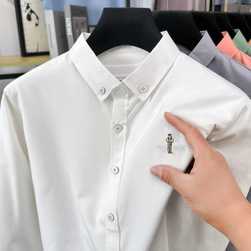 Light luxury fashion men's long sleeve shirt brand cartoon embroidery high-quality business casual solid color golf lapel top