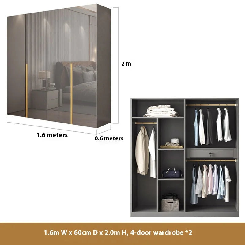 Light Luxury Minimalist Eco-friendly Glossy Wooden Wardrobe Five or Six Door Large Rental Cabinet for Home Bedroom
