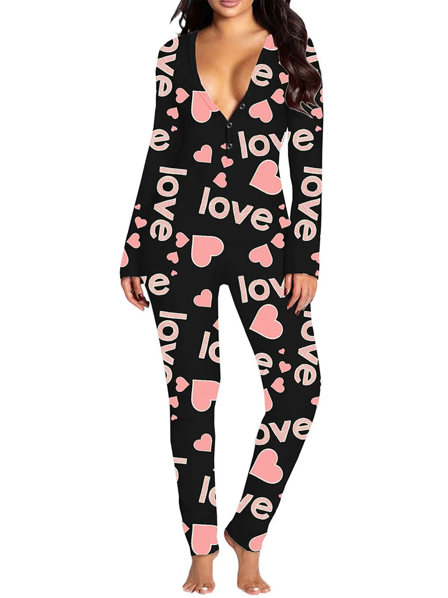 Women Jumpsuit Long Sleeve V Neck Button Closure Letters Heart Print Bodysuit Loungewear Sleepwear for Valentines Day