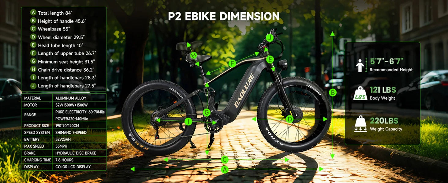 BAOLUJIE Peak 5000W Electric Bicycle Motor Electric Bike 26*4 Inches Tire Mountain E-bike 52V 23Ah Battery 36MPH Full Suspension