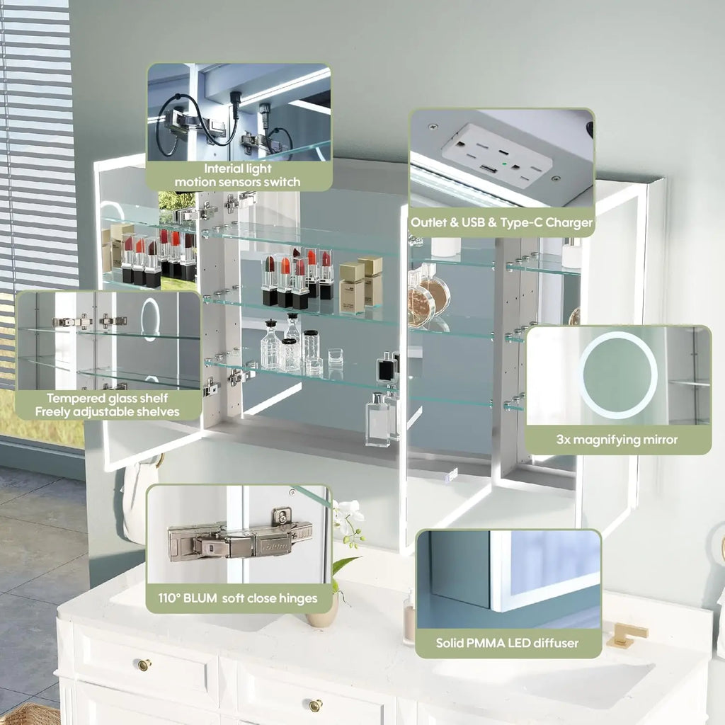 48" X 30" LED Medicine Cabinet with Mirror, 3X Magnifiying Mirror Cabinet, Defogging/Dimmable Bathroom Mirrored, Customized