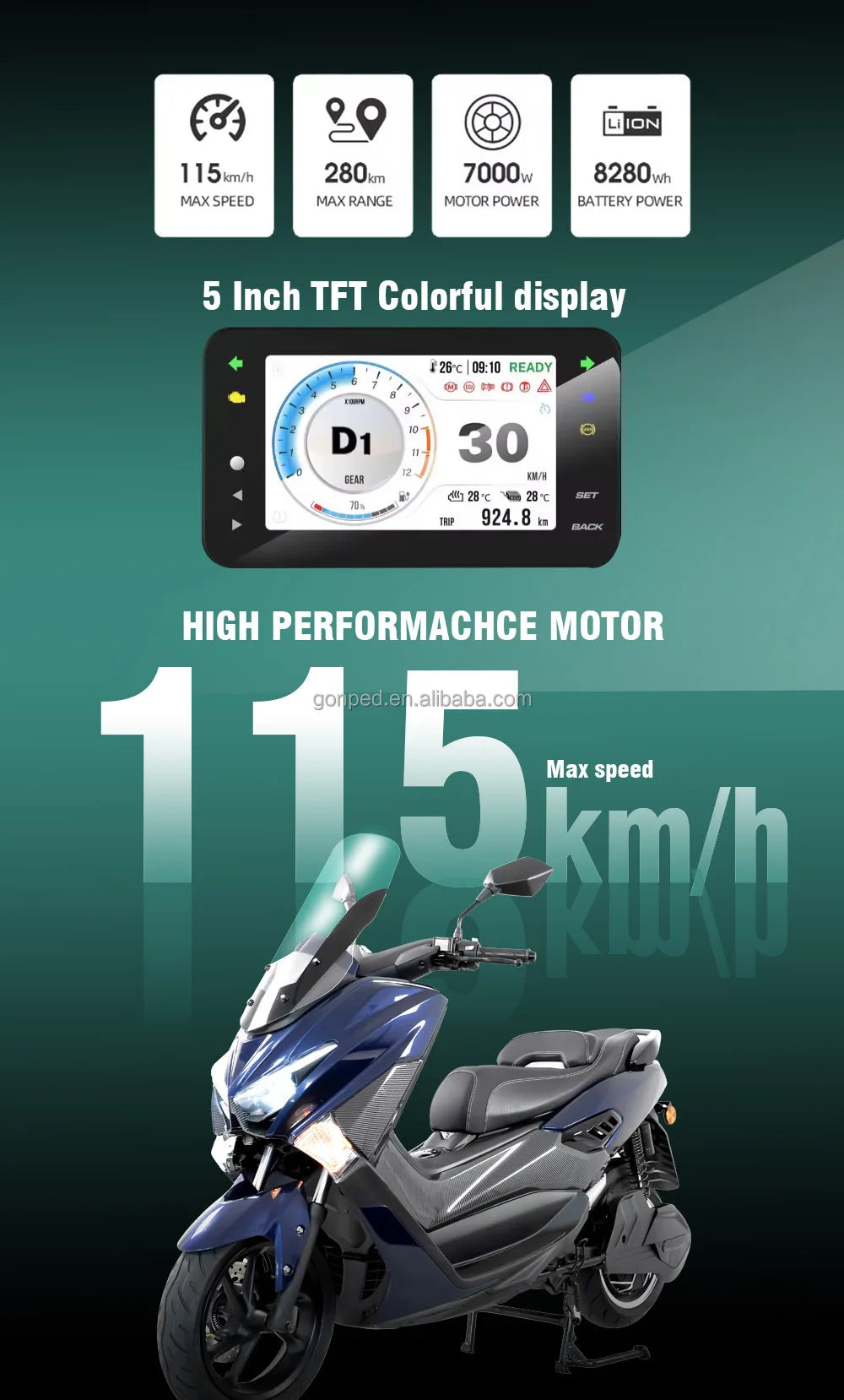 72V 115Ah 7000W 115Km/H Long Distance Travel Sport Motorbike Electric Racing Motorcycle Adult