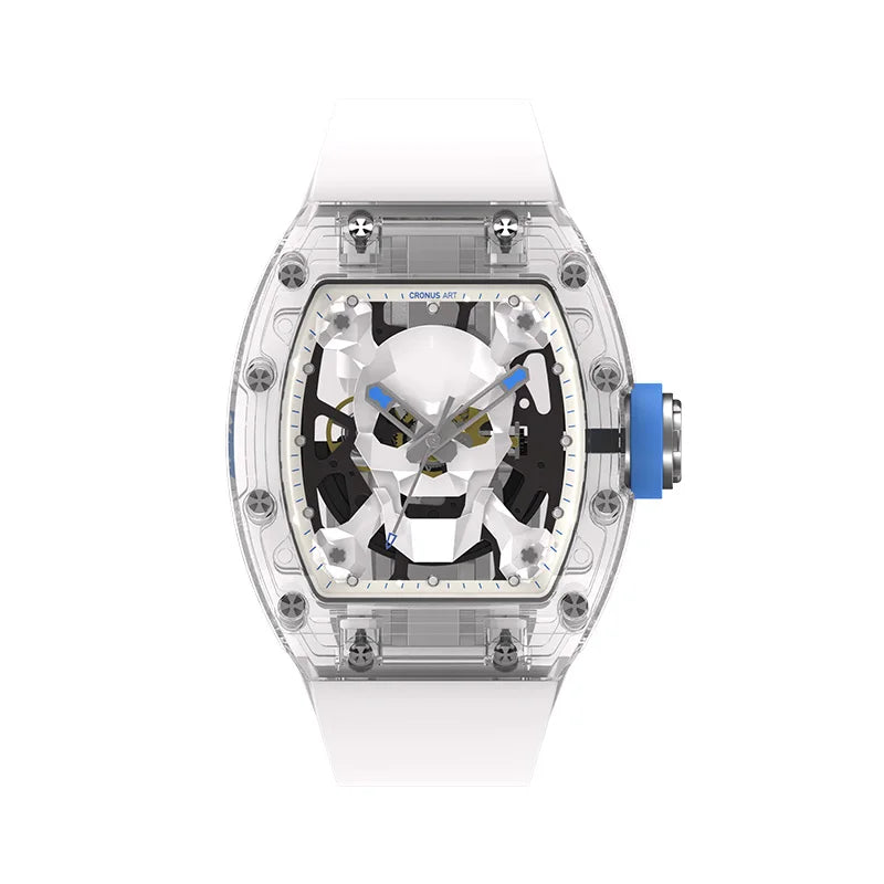 CRONUSART Men Automatic Watch 50mm Tonneau Mechanical Wristwatch Sapphire Case & Mirror Luminous Fluororubber Strap Skull Dial