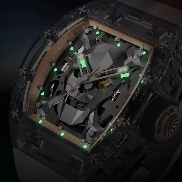 CRONUSART Men Automatic Watch 50mm Tonneau Mechanical Wristwatch Sapphire Case & Mirror Luminous Fluororubber Strap Skull Dial