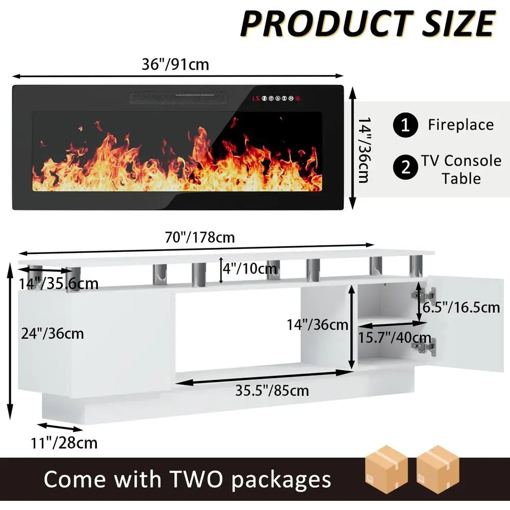 70-80 Inch TV Stand with 36 Electric Fireplace, Entertainment Center, LED Lights for Living Room