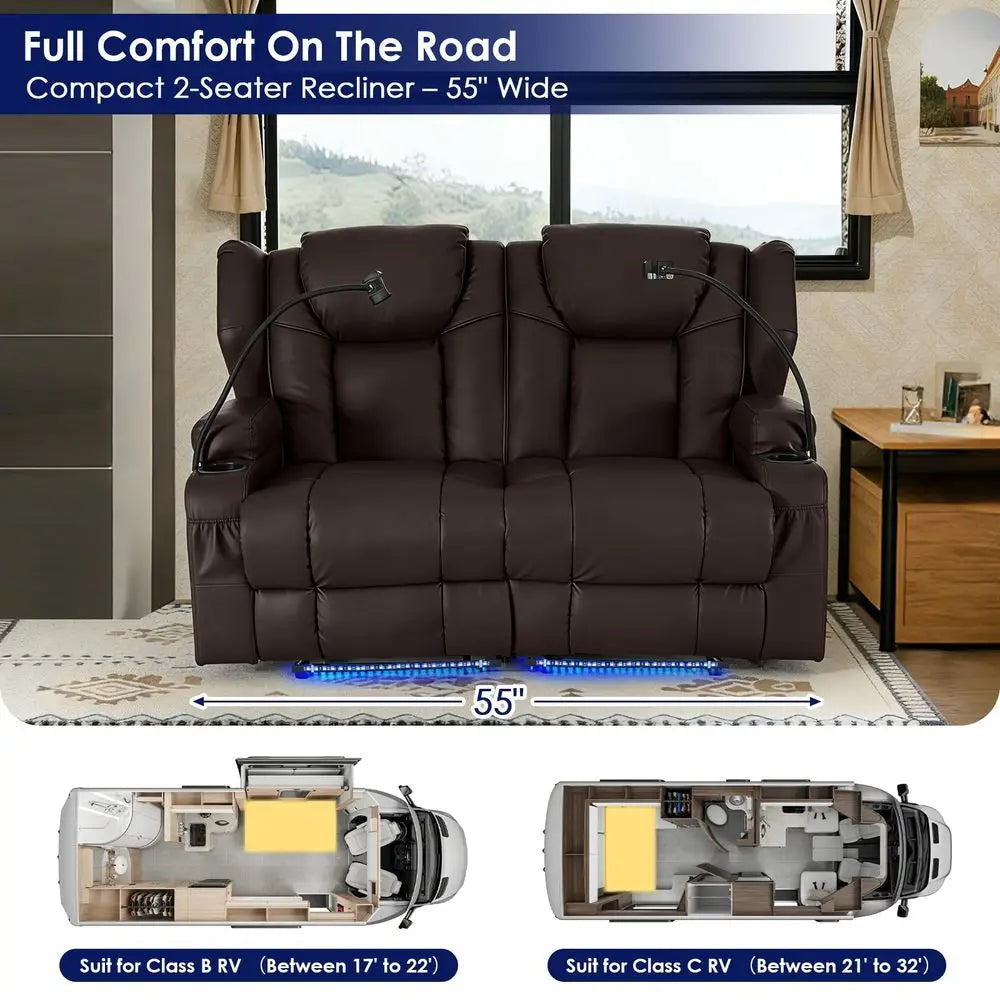 Power Loveseat Recliner Sofa, PU Leather Dual Reclining Couch with Vibration Heating, Blue LED Base Lights, USB Ports, Cup Hold