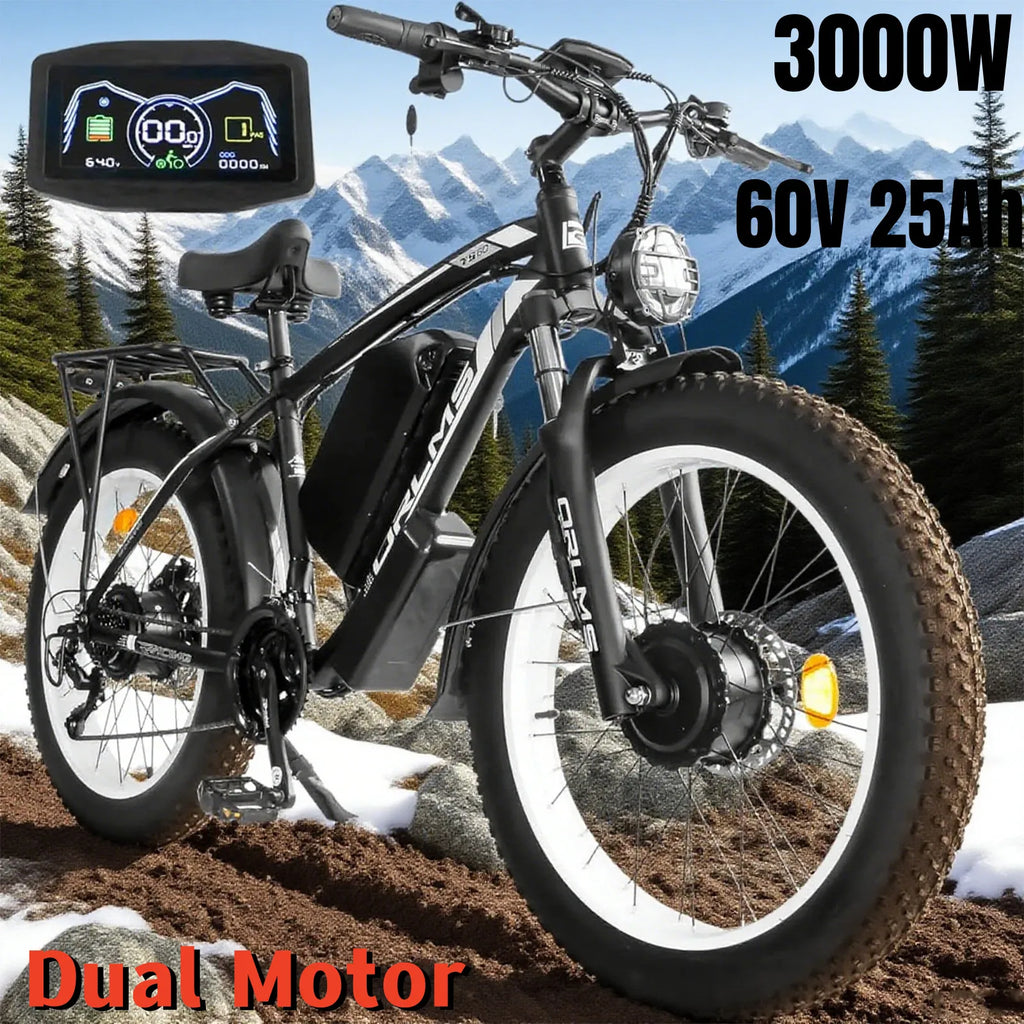 3000W Dual Motor Electric Bicycle 60V 25Ah 38 MPH 26" Fat Tire E-Bike for adults