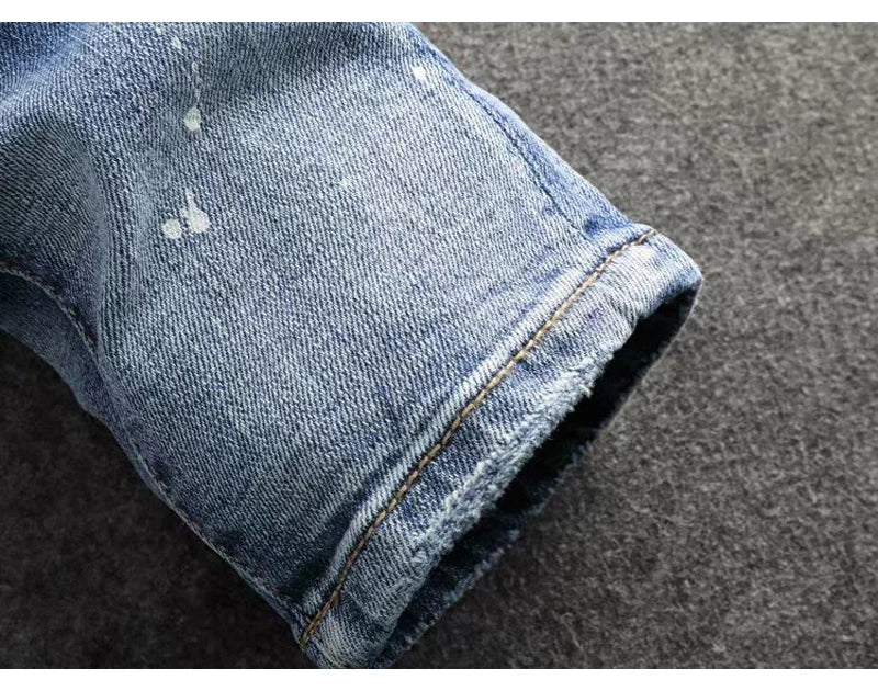 Fashionable new jeans washed with nostalgia, stretchy, slim fit, light blue, men's ripped patch jeans, high street hip-hop pants