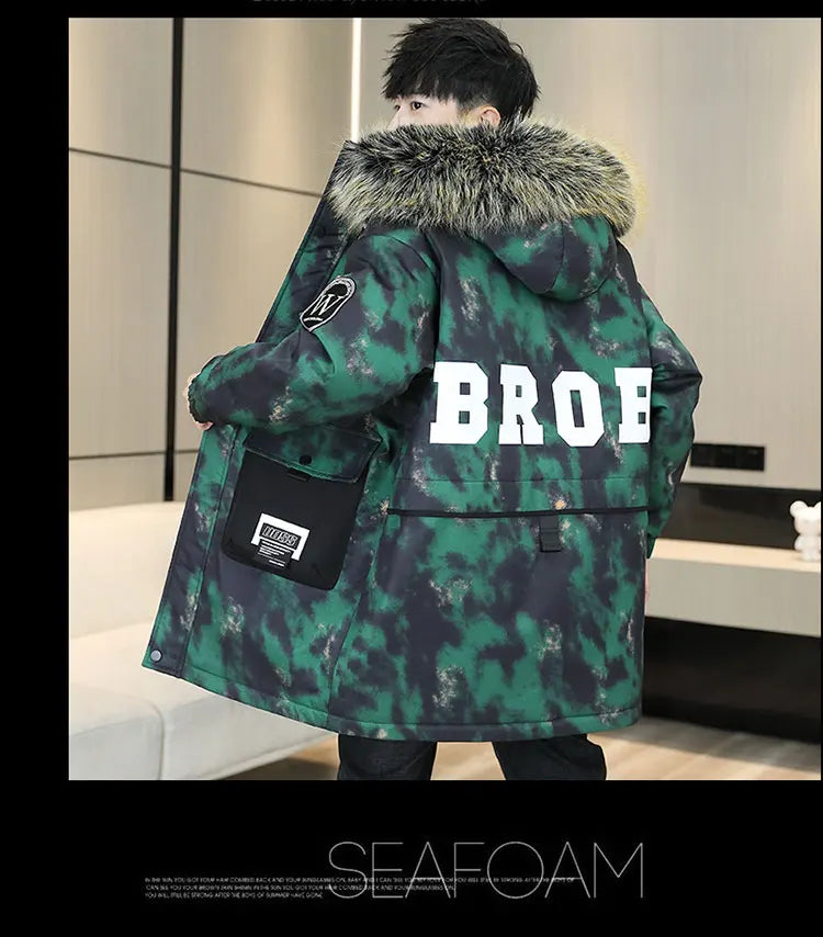 Fashion Mid-Length Camouflage Warm Parkas Winter Men's High Street Wear Windproof Hooded Plush Jackets Outdoor Thick Fleece Coat