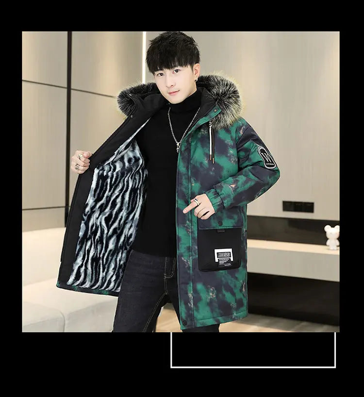 Fashion Mid-Length Camouflage Warm Parkas Winter Men's High Street Wear Windproof Hooded Plush Jackets Outdoor Thick Fleece Coat