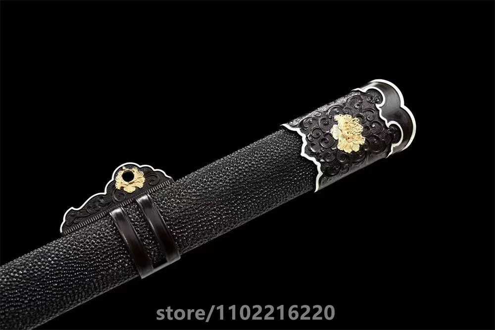 Premium Black Kungfu Battle Sword Damascus Steel Blade Sword Room Decoration Copper Gilded Fittings Wrap Real Rayskin Sheath