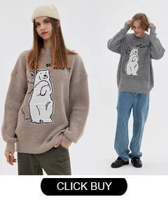 Japanese Knitted Sweater Men Cartoon Animal Duck Goose Print Pullover Harajuku Casual O-neck Oversize Top Streetwear Unisex Fall
