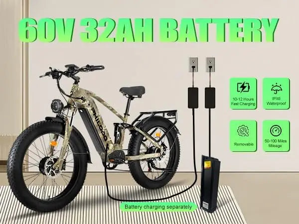 Electric Bike for Adults, 5000 Dual Motor E-Bike, 60V 32AH Long Range Dirt Bike, Fat Tire Hunting Ebike for All Terrain, Full Su
