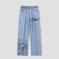 Anime Themed Hand-Dn Sketch Print Jeans Straight Leg mid Waist Digital Printing Cotton Denim Spring Autumn Wear for Teens