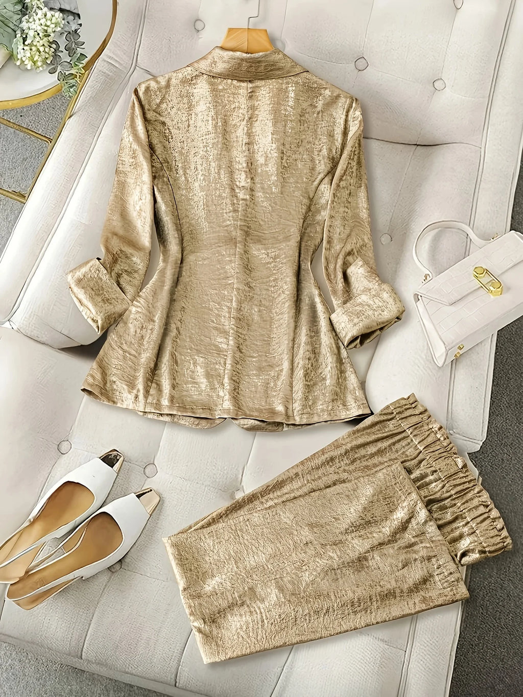 Metallic lapel single button pocket women's suit elegant jacket straight trousers suit, suitable for commuting, office, gatherin