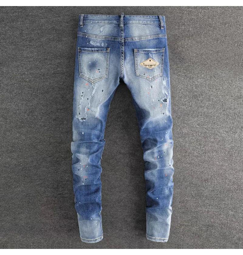 Fashionable new jeans washed with nostalgia, stretchy, slim fit, light blue, men's ripped patch jeans, high street hip-hop pants