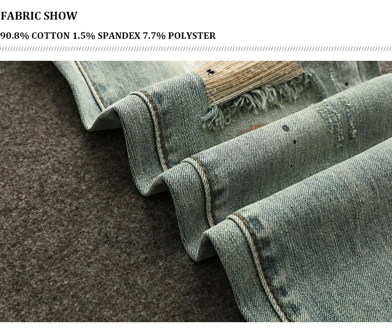 High Street Fashion Men Jeans Retro Washed Blue Stretch Slim Fit Ripped Jeans Men Painted Designer Vintage Denim Pencil Pants