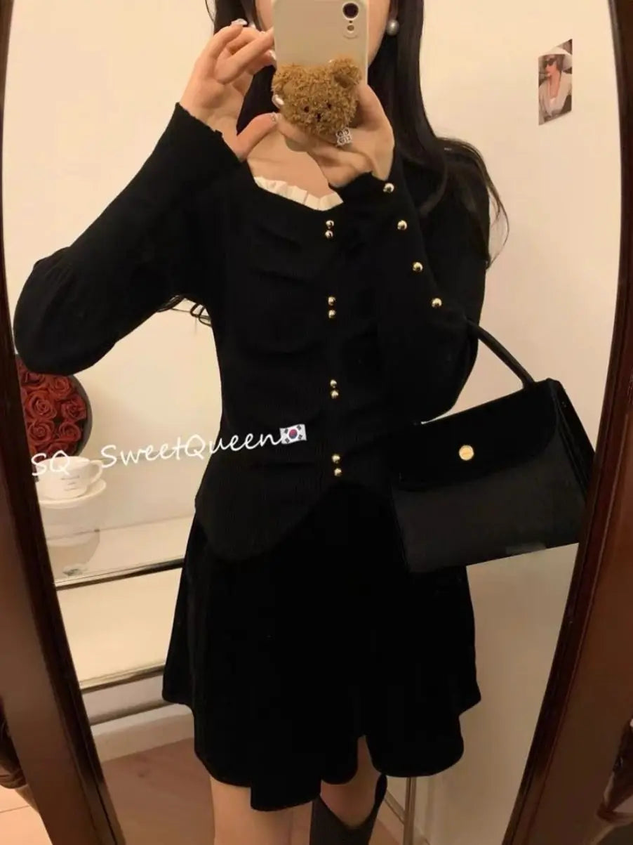 Pleated Slit Hem Contrast Patchwork Sweet Pullovers Women Clothing New Long Sleeve Fashion Sweaters Casual Korean Autumn Winter