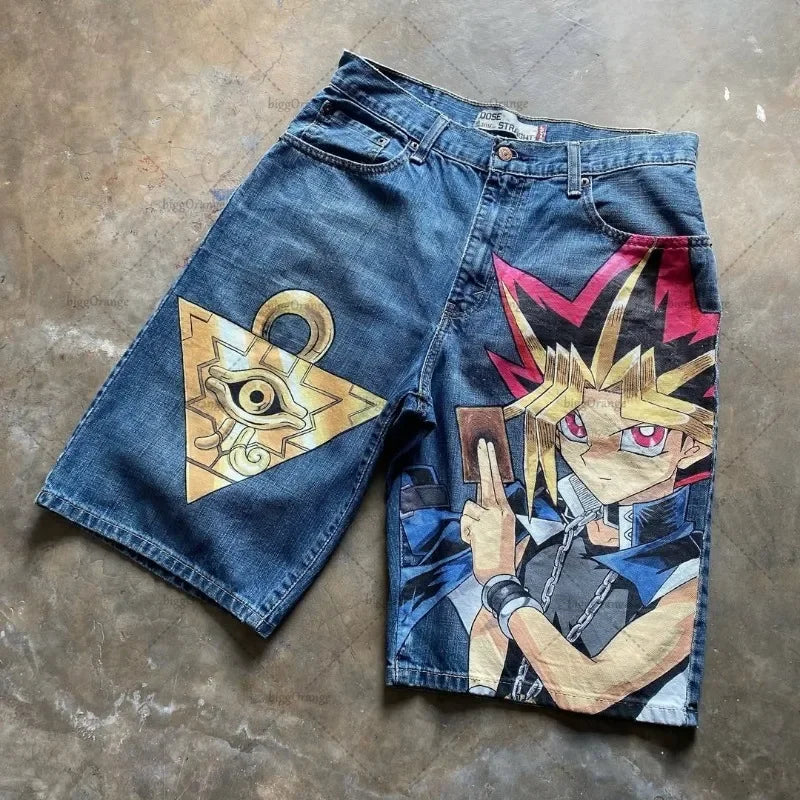 Retro American Trendy Streetwear Y2K Harajuku Anime Printed Denim Shorts Men Gothic Hip-hop Punk Loose Casual Straight Pants