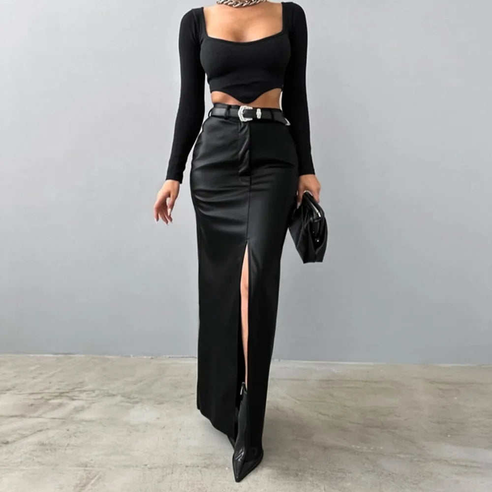 Women's Split Design Solid Color High Waist Pu Leather Skirt 2026 Spring Fall Office Lady Trendy Streetwear Long Skirts