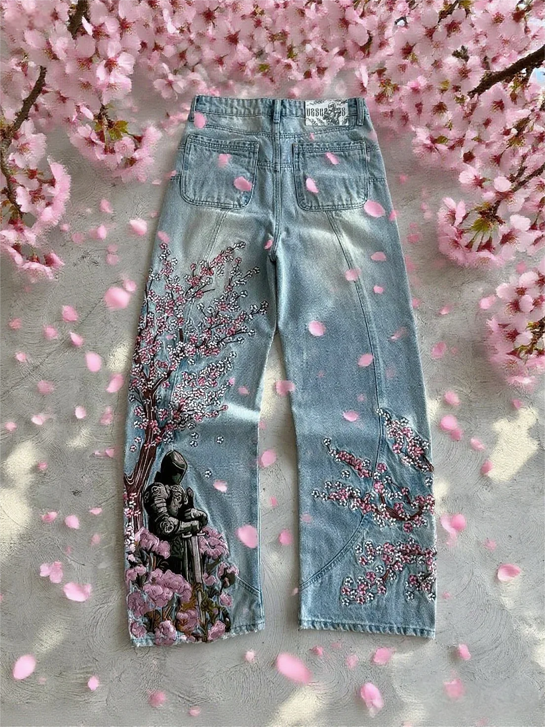 Y2k Vintage Baggy Fallen Knight Cherry Blossom Embroidery Jeans Men Women Fashion Straight Wide-leg Denim Pants Streetwear Jean