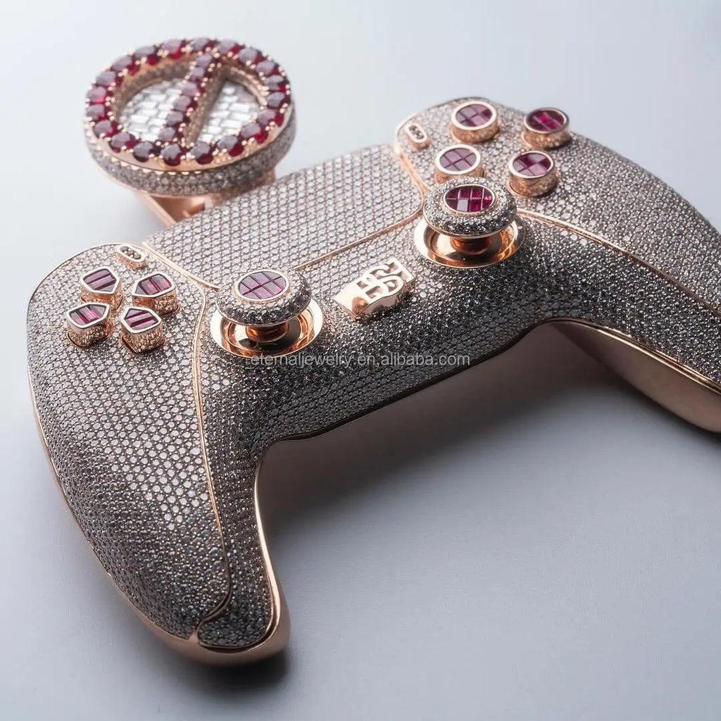 Full Zircon Iced Out Gaming Controller Pendant – 3D Realistic Gamepad with Red Gem Buttons & Crown Detail