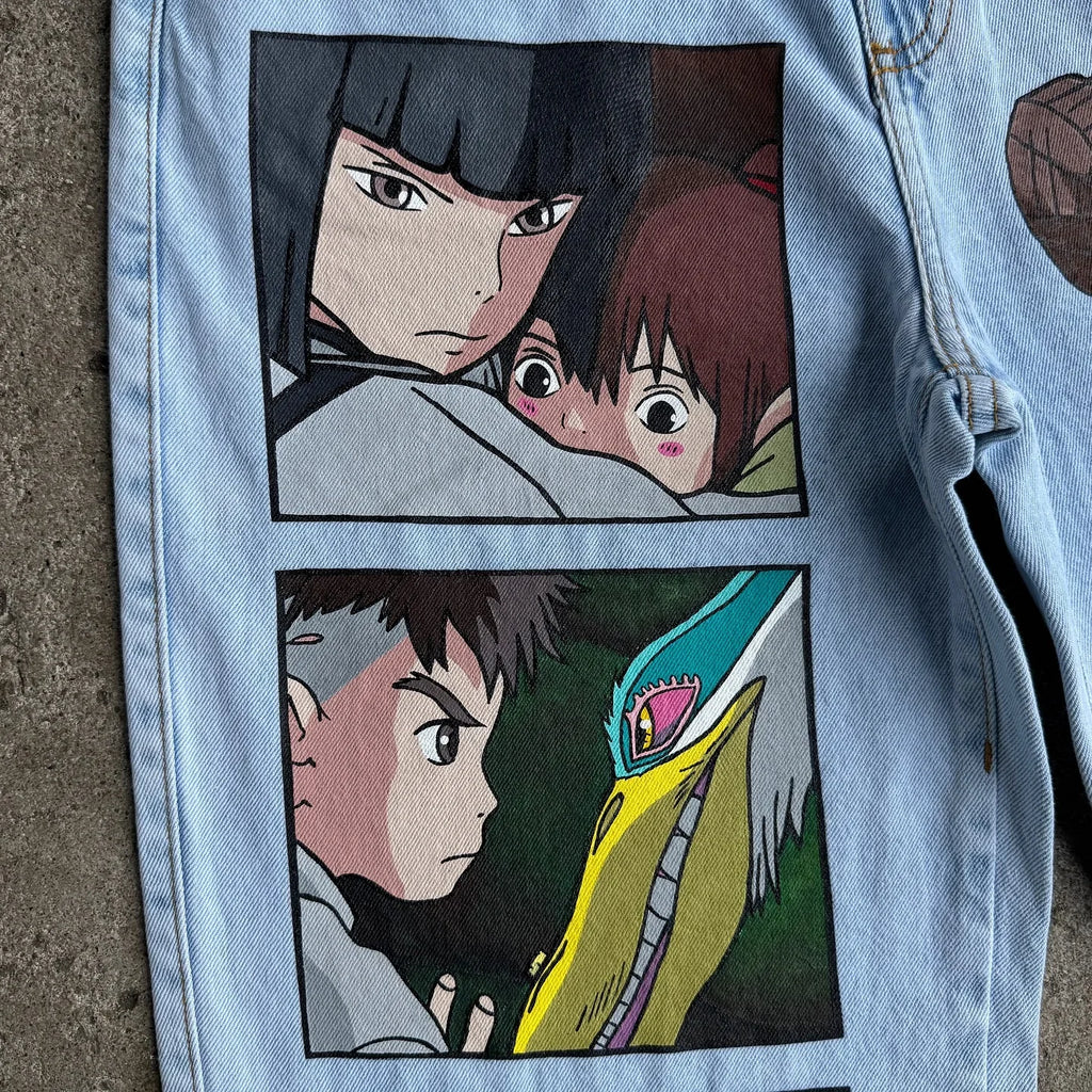 Y2K Japanese Cartoon Printed Classic Men And Women New Trend Blue Denim Jeans Hip Hop Harajuku Fashion Loose Oversize Streetwear