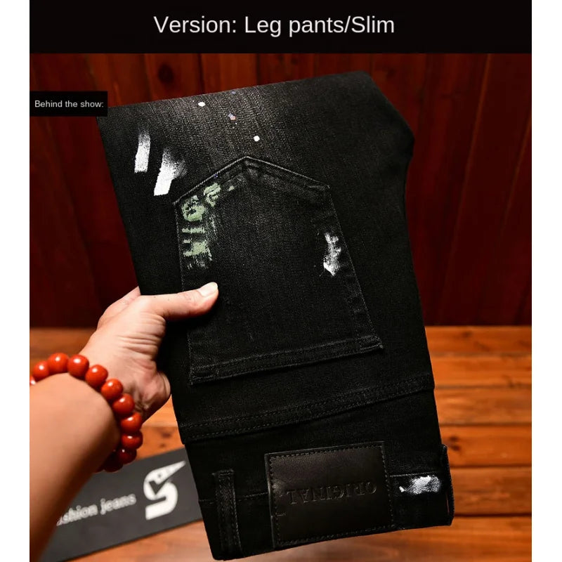 2025 Autumn American Fashion Black Jeans Men's Slim Fit Version with Piercing Patch Paint Printed Street Trendy Pants