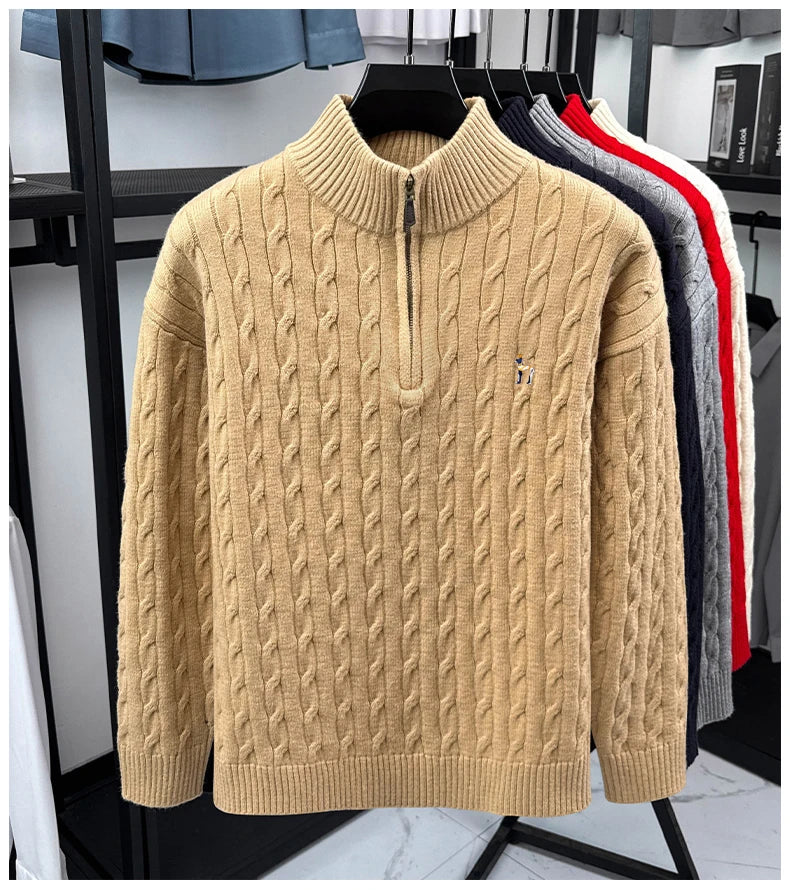 High end brand fashion jacquard sweater cartoon dog embroidery zipper semi high neck autumn winter warm men's knitted pullover