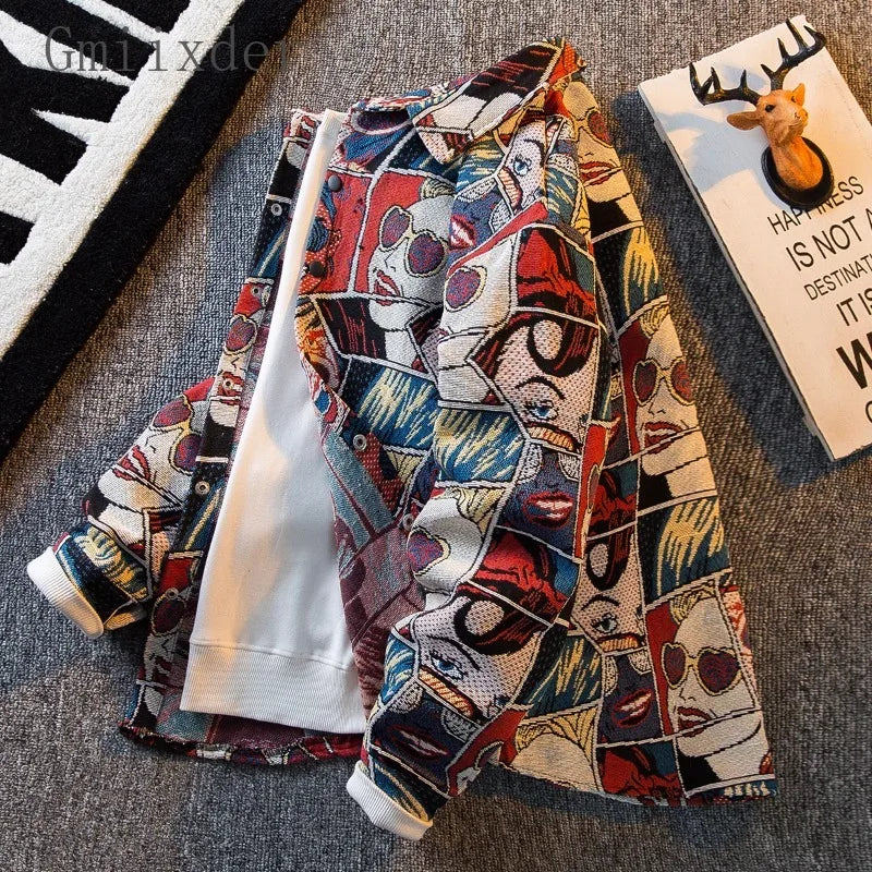 Japanese Cartoon Anime Shirt Men Long-sleeved Korean Streetwear Autumn High-end Handsome Jacquard Shirt Casual Blouse Jacket