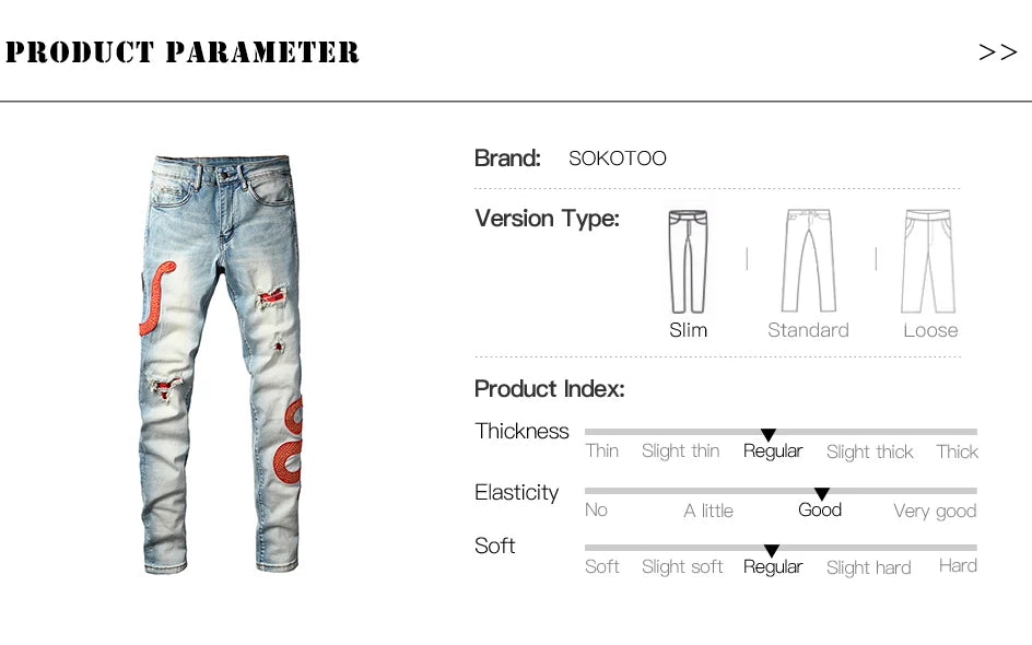 Men's Snake Embroidery Skinny Jeans Streetwear Red Leather Patch Pants Holes Ripped Distressed Denim Tapered Trousers