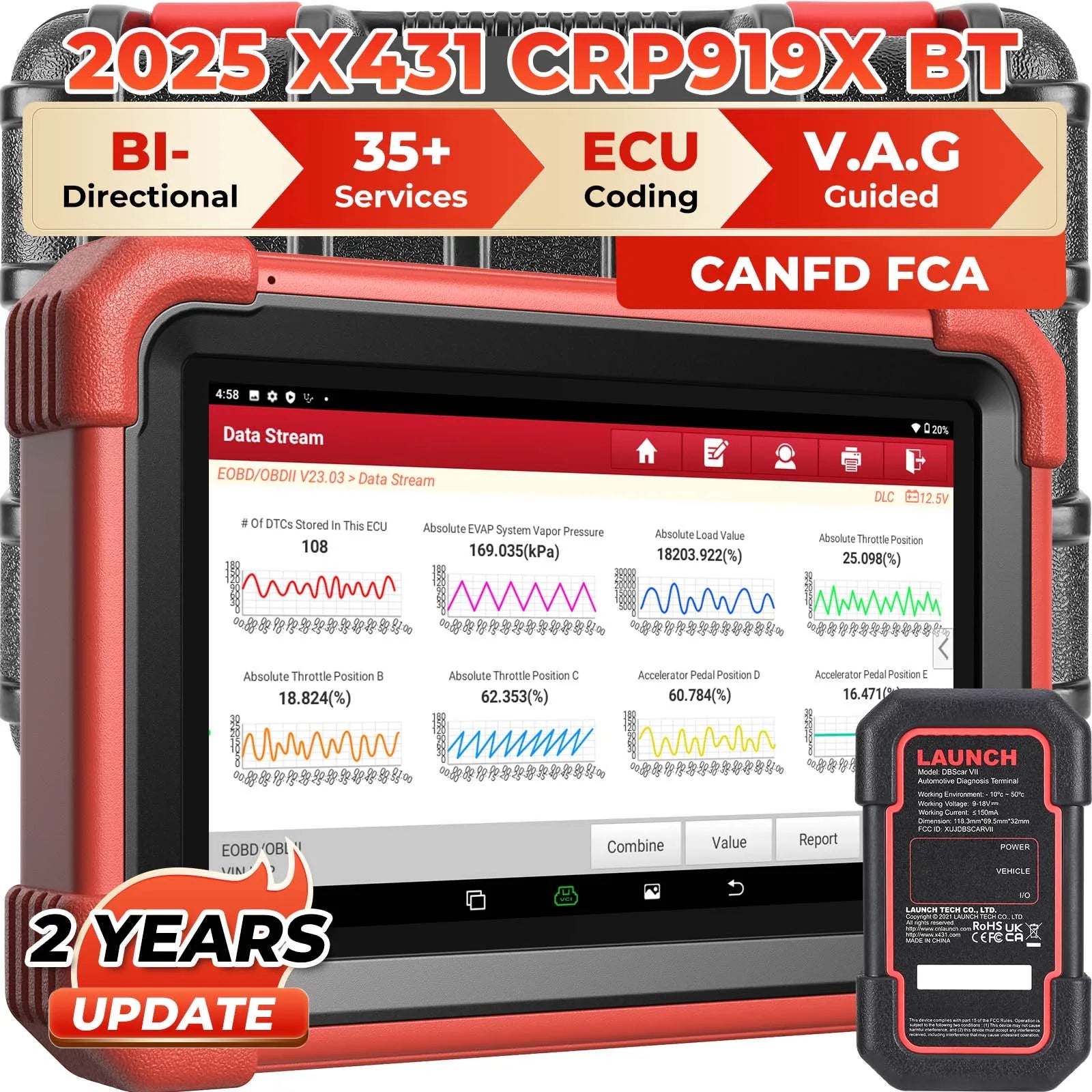 New LAUNCH X431 CRP919XBT OBD2 Scanner Automotive Diagnostic Tools Car CANFD DOIP ECU Coding Professional Scan Free Shipping