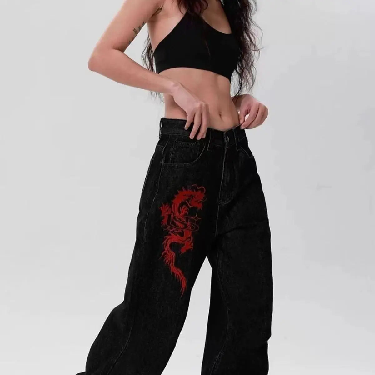 American Black New Retro Oriental Animal Print Fashion Loose Jeans Men And Women High Waist Hip-Hop Casual Straight Pants