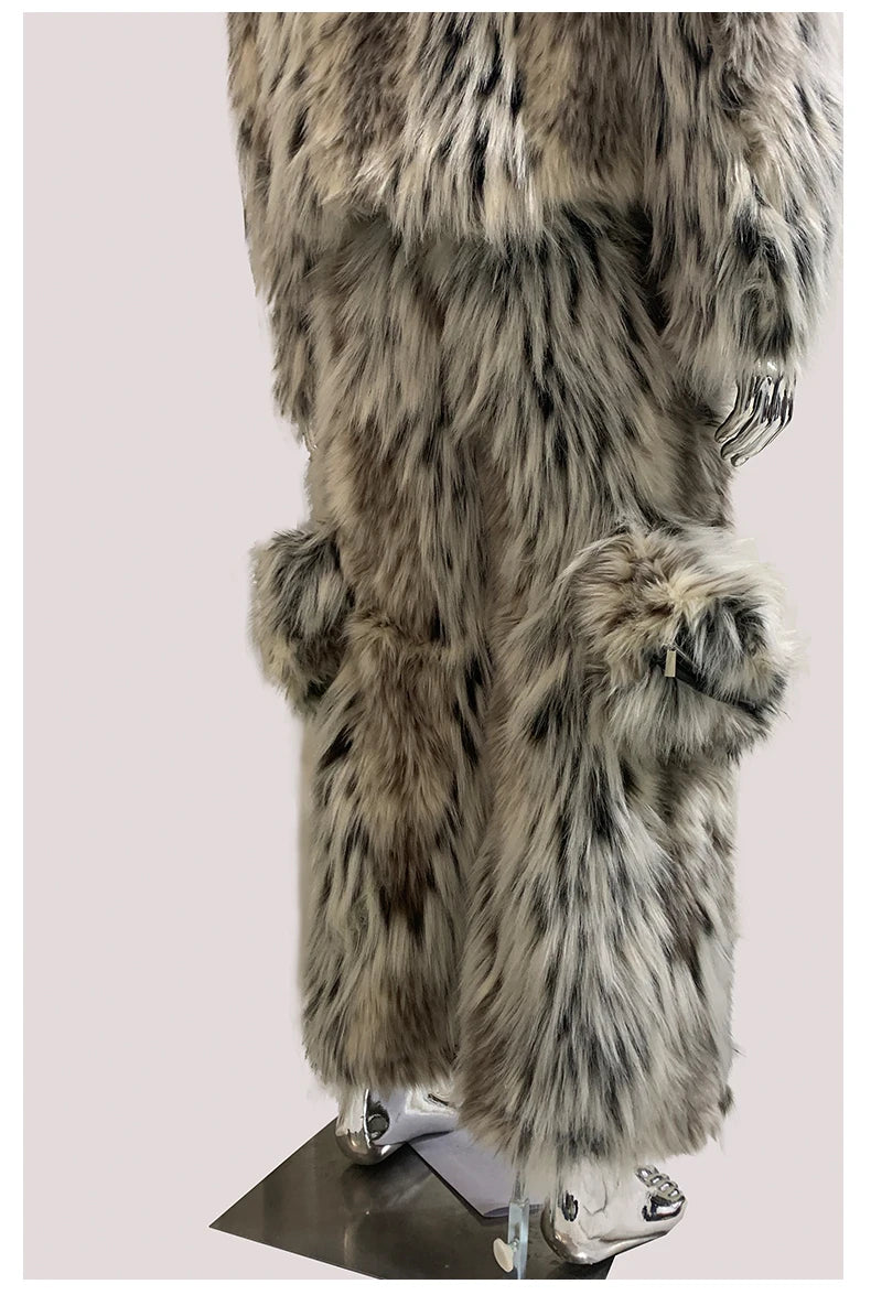 Mauroicardi Winter Long Colorful Multicolored Thick Warm Hairy Fluffy Faux Fur Wide Leg Pants Men Runway Fashion Streetwear 2025