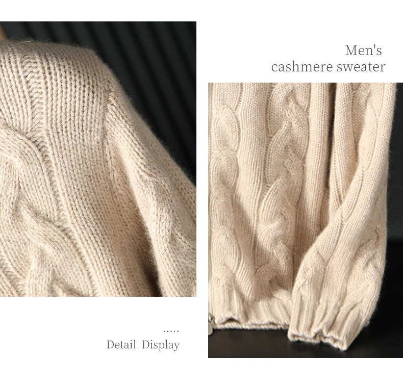 Men's 100% Pure Cashmere Knitting High Neck Cardigan Zipper Thickened Coat Fashion Old Money Style Big Fried Dough Twist Design