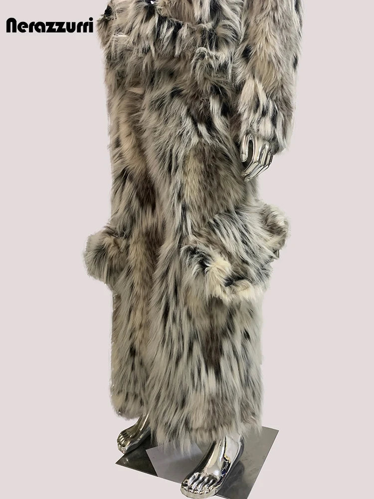 Mauroicardi Winter Long Colorful Multicolored Thick Warm Hairy Fluffy Faux Fur Wide Leg Pants Men Runway Fashion Streetwear 2025