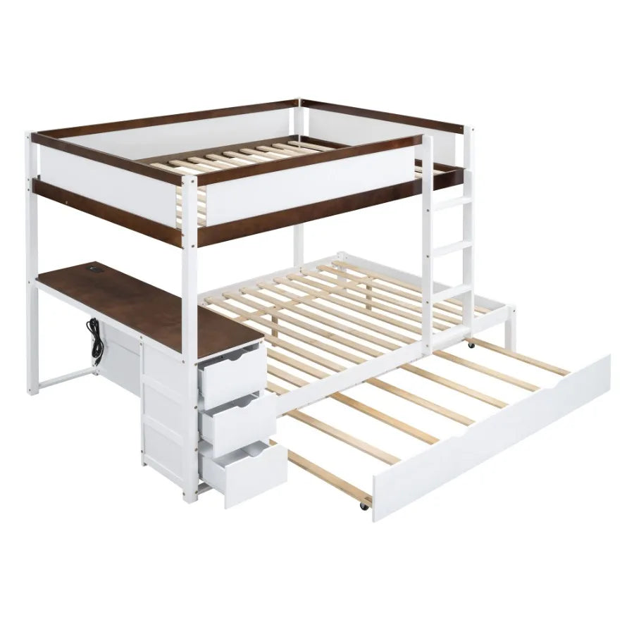 Full-Over-Full Bunk Bed with Twin size Trundle Storage and Desk White+Walnut
