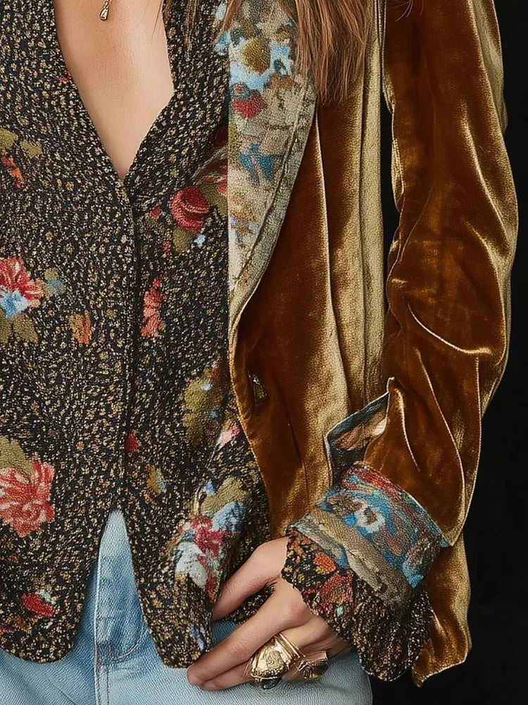 Elegant Velvet Blazer for Women Single Button Lapel Female Blazer Jacket Slim Fit Floral Pattern Outerwear Coat Autumn Winter