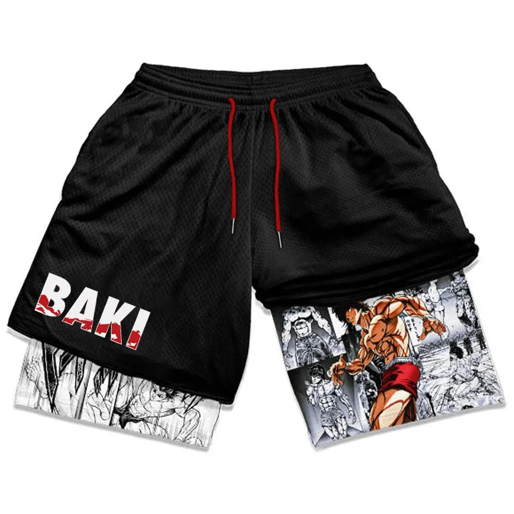 Anime Baki Hanma Gym Workout Shorts for Men Athletic Quick Dry 2 in 1 Compression Shorts Cosplay Costume