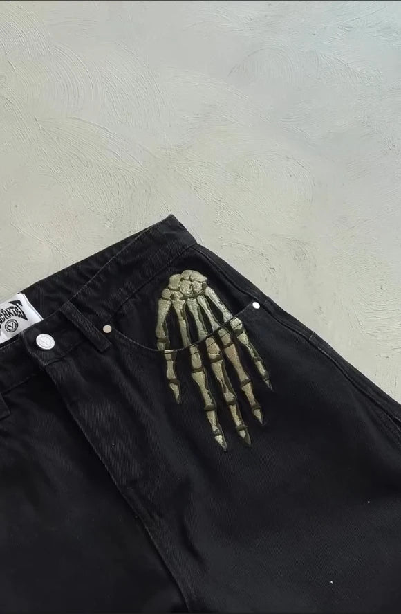 Thriller Zombie Full Embroidery Hip Hop Punk Jeans Men Women High Waist Straight Wide Leg Denim Pants Y2k Retro Baggy Jeans