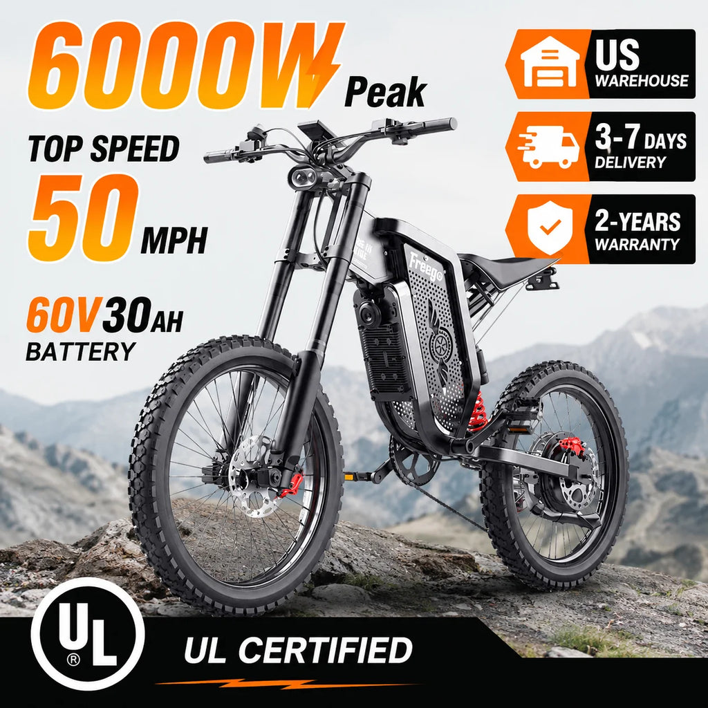 Freego X2 Electric Dirt Bike 6000W Motor 60V 30Ah Removable Battery Max 50Mph E-Bike 19" x2" Tire Off-Road Motorcycle for Adults