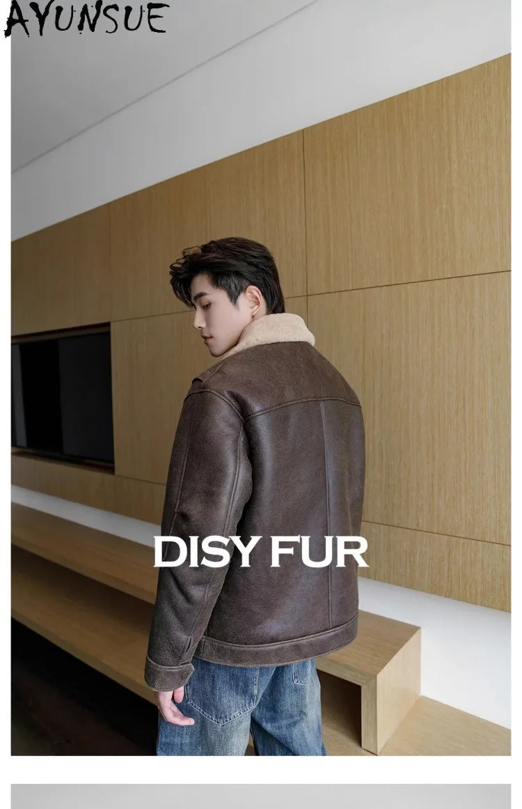 AYUNSUE Natural Sheepskin Fur Coat Men Autumn Winter New Short Real Wool Man Vintage Leather Jacket Motorcycle Fur Coats Jackets