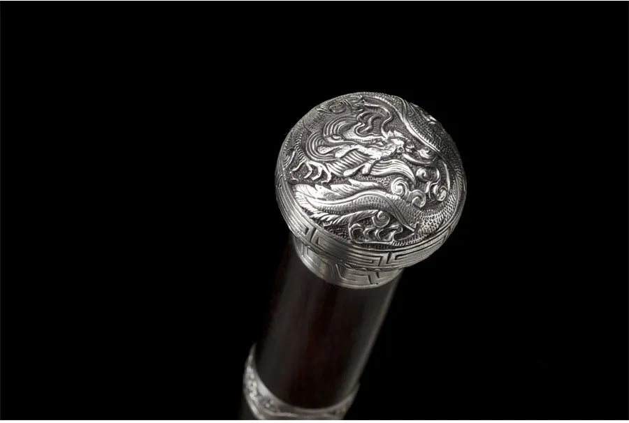 Chinese Staff Sword Folded Steel Damascus Blade Sharp Real Ebony Wood Scabbard Walking Stick Samurai Swords Silver Dragon Katana