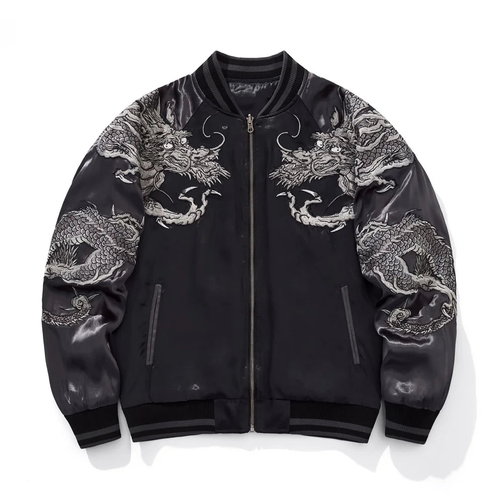 Harajuku Yokosuka Dragon Embroidered Jacket Autumn Street Hip Hop Men's Green Sleeve Japanese Coat