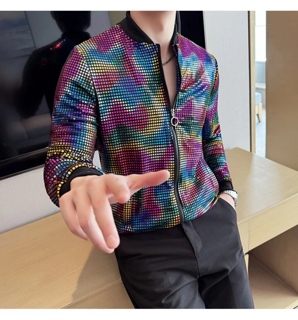 Jas Men's New Diamond Plaid Jackets Men Hip Hop Y2K Bombers Jacket Night Club Stage Streetwear Thin Coat Clothing Veste Homme