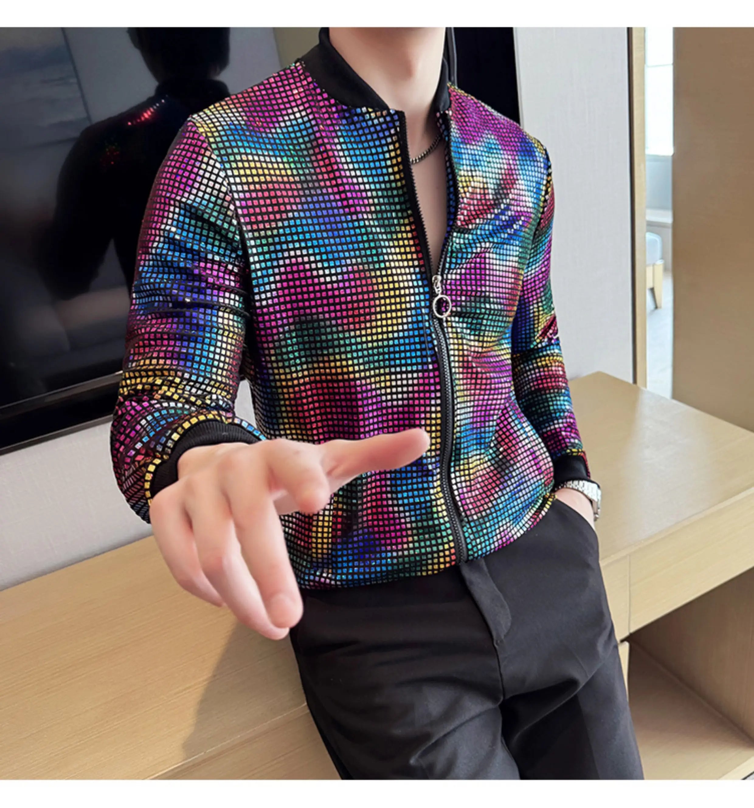 Jas Men's New Diamond Plaid Jackets Men Hip Hop Y2K Bombers Jacket Night Club Stage Streetwear Thin Coat Clothing Veste Homme