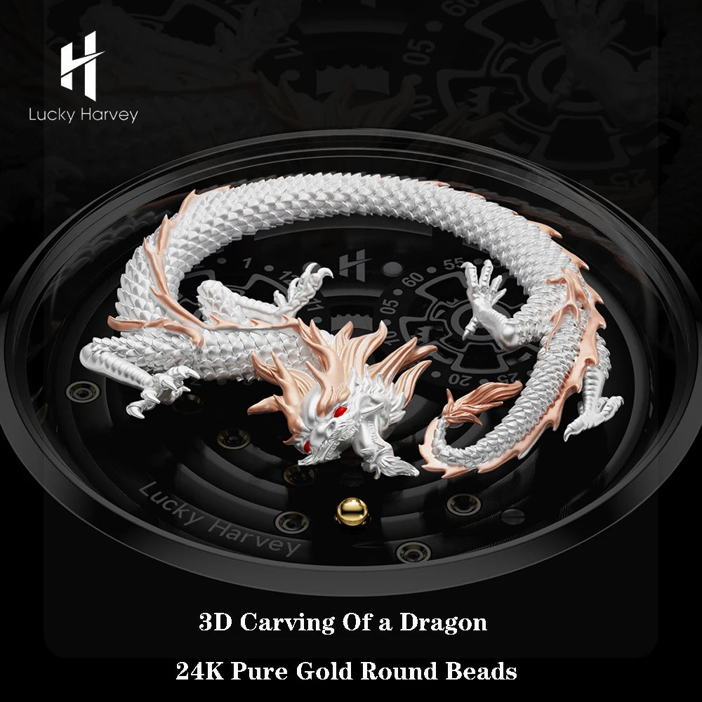 Lucky Harvey Chinese 3D Engraving Dragon Dial Automatic Mechanical Watches for Men Sapphire Crystal Business Fashion Watch