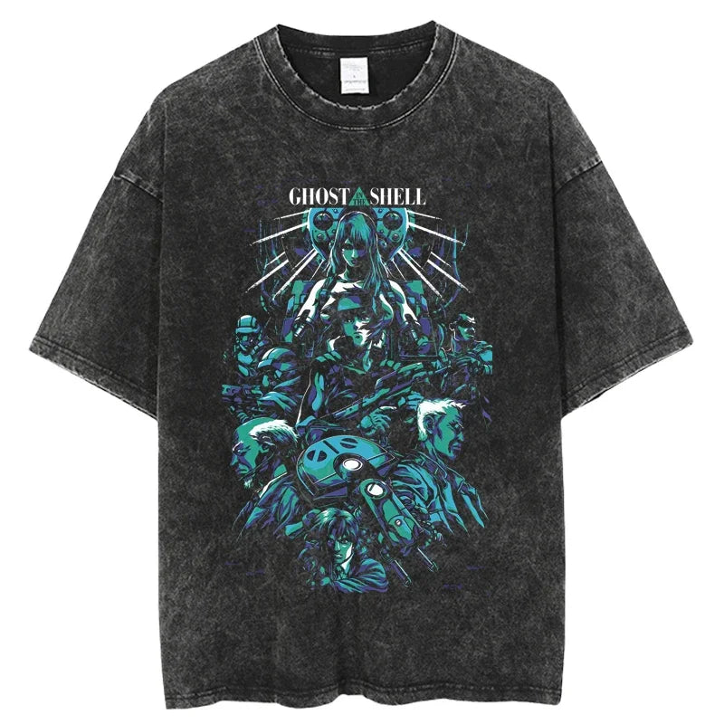 2024 Anime Ghost in the Shell Washed T-shirts Mens Clothing Graphic Manga Harajuku Tees Unisex Summer Top Male Streetwear