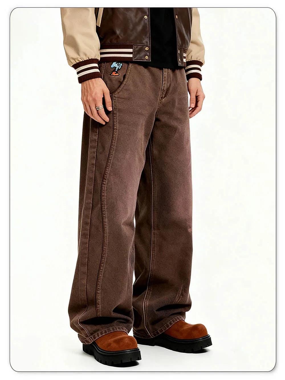 American Retro Men's Brown Casual Baggy Wide Leg Jeans Korean Cartoon Elephant Embroidery Loose Wide Leg Denim Pants Unisex